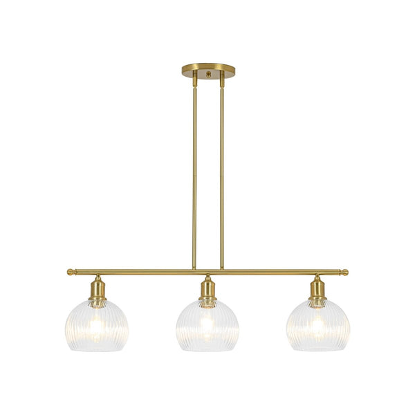 Chandelierias-3-Light Brass Ribbed Glass Globe Island Pendant-Chandeliers-Brass-