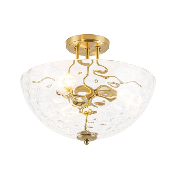 Chandelierias-3-Light Clear Domed Ripple Glass Semi-flush Mount-Semi Flush-Brass-