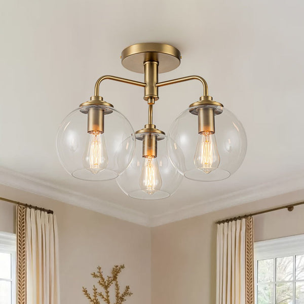 Chandelierias - 3 - Light Hand - blown Glass Semi - Flush Mount - Semi Flush - Brass -