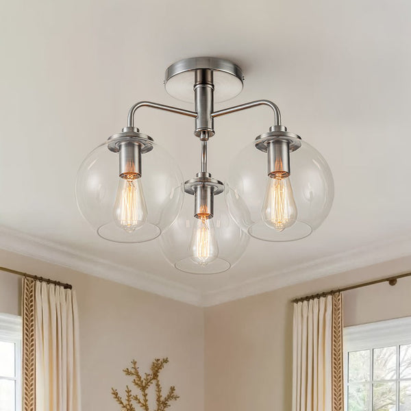 Chandelierias - 3 - Light Hand - blown Glass Semi - Flush Mount - Semi Flush - Nickel -