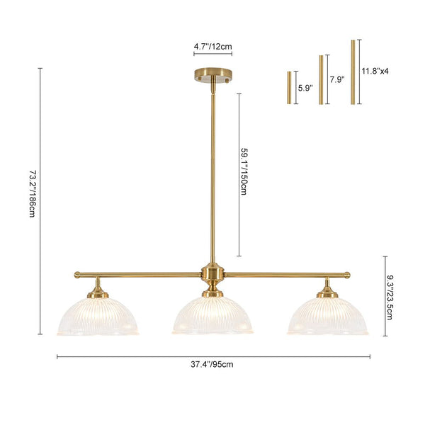 Chandelierias - 3 - Light Linear Dome Ribbed Glass Kitchen Island Pendant - Pendants - Brass -
