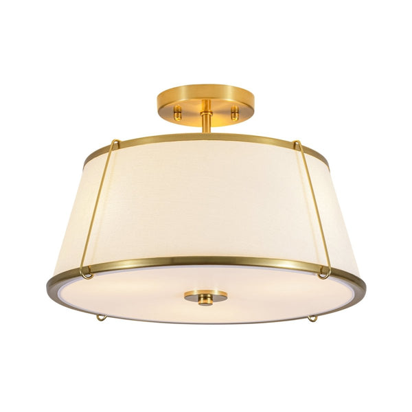 Chandelierias-3-Light Linen Fabric Tapered Drum Framed Semi-flush Mount-Semi Flush-Brass-