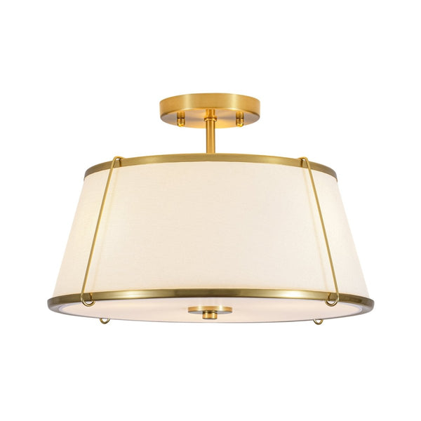Chandelierias-3-Light Linen Fabric Tapered Drum Framed Semi-flush Mount-Semi Flush-Brass-