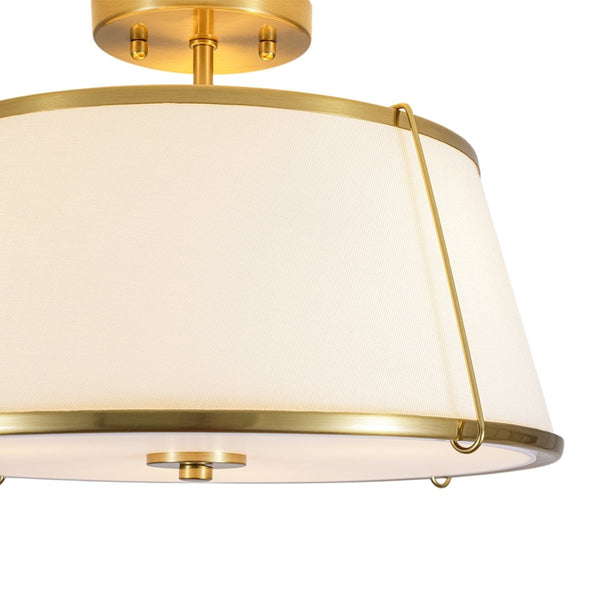 Chandelierias-3-Light Linen Fabric Tapered Drum Framed Semi-flush Mount-Semi Flush-Brass-