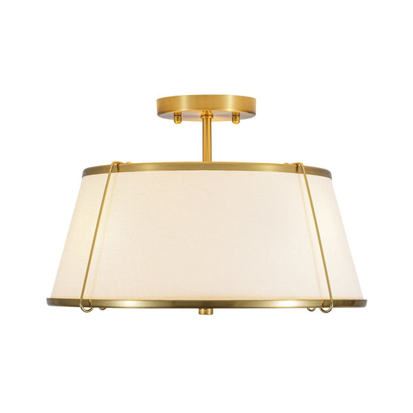 Chandelierias-3-Light Linen Fabric Tapered Drum Framed Semi-flush Mount-Semi Flush-Brass-