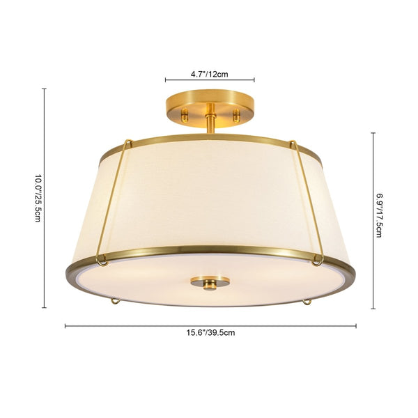 Chandelierias-3-Light Linen Fabric Tapered Drum Framed Semi-flush Mount-Semi Flush-Brass-