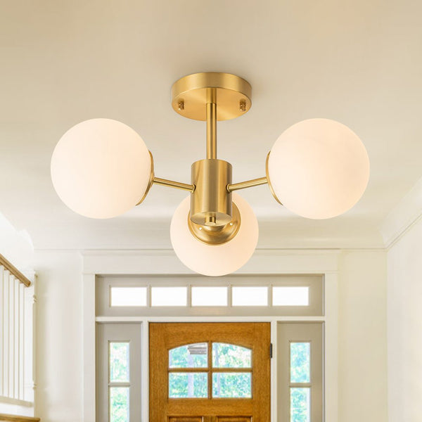 Chandelierias-3-Light Mid-century Frosted Glass Semi-Flush Mount-Semi Flush-Brass-3 Bulbs