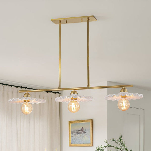 Chandelierias-3-Light Modern Ruffled Shade Linear Island Chandelier-Chandeliers-Aged Brass-