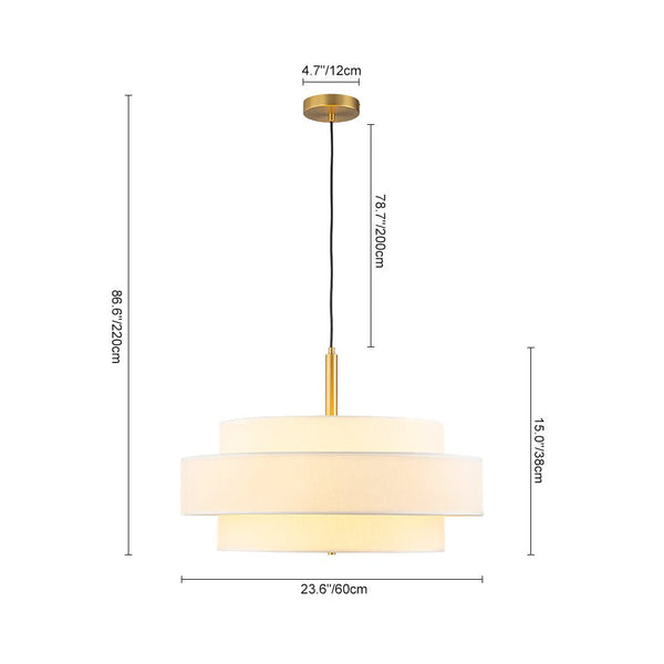 Chandelierias - 3 - Light Round Layered Drum White Linen Pendant Chandelier - Chandeliers - Black -