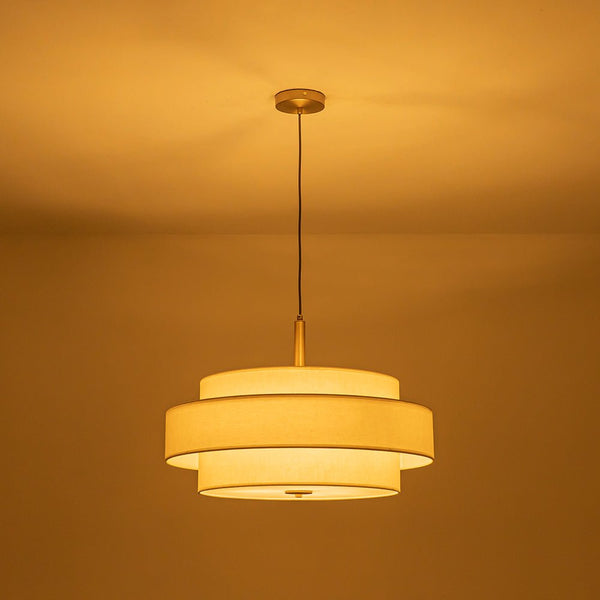 Chandelierias - 3 - Light Round Layered Drum White Linen Pendant Chandelier - Chandeliers - Black -