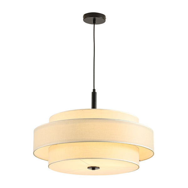 Chandelierias - 3 - Light Round Layered Drum White Linen Pendant Chandelier - Chandeliers - Black -