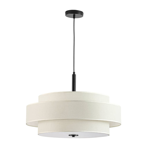 Chandelierias - 3 - Light Round Layered Drum White Linen Pendant Chandelier - Chandeliers - Black -