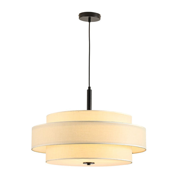Chandelierias - 3 - Light Round Layered Drum White Linen Pendant Chandelier - Chandeliers - Black -