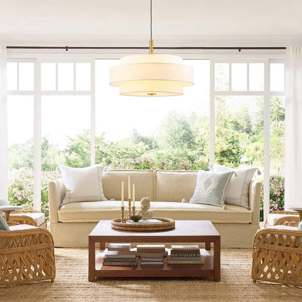 Chandelierias - 3 - Light Round Layered Drum White Linen Pendant Chandelier - Chandeliers - Brass -