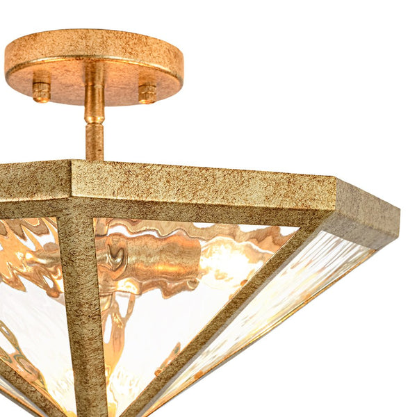 Chandelierias-3-Light Rusty Gold Ripple Glass Pyramid Semi-flush Mount-Semi Flush-Antique Brass-
