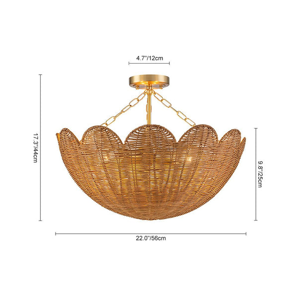 Chandelierias - 3 - Light Scalloped Hand - woven Floral Basket Semi - Flush Mount - Semi Flush - Brass (Preorder) -