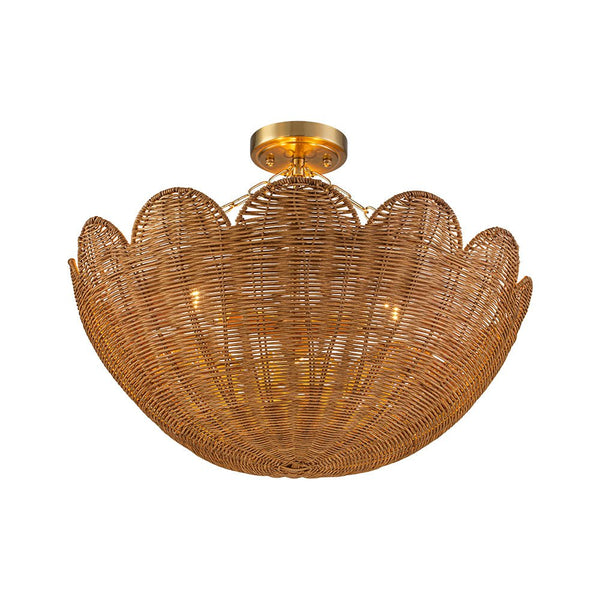 Chandelierias - 3 - Light Scalloped Hand - woven Floral Basket Semi - Flush Mount - Semi Flush - Brass (Preorder) -