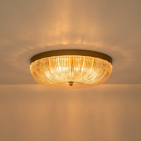 Chandelierias - 3 - Light Scalloped Round Drum Ribbed Glass Flush Mount - Flush Mount - Brass -