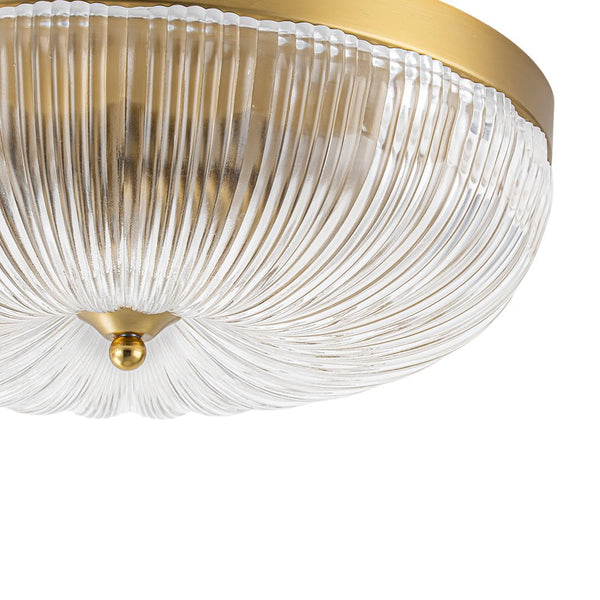 Chandelierias - 3 - Light Scalloped Round Drum Ribbed Glass Flush Mount - Flush Mount - Brass -