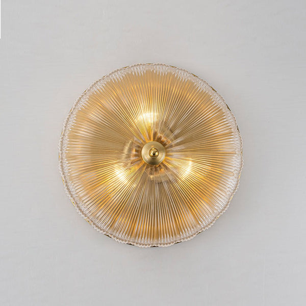 Chandelierias - 3 - Light Scalloped Round Drum Ribbed Glass Flush Mount - Flush Mount - Brass -