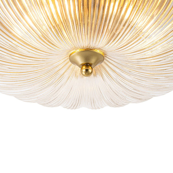 Chandelierias - 3 - Light Scalloped Round Drum Ribbed Glass Flush Mount - Flush Mount - Brass -