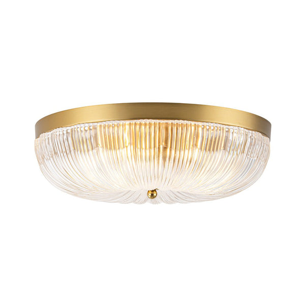 Chandelierias - 3 - Light Scalloped Round Drum Ribbed Glass Flush Mount - Flush Mount - Brass -