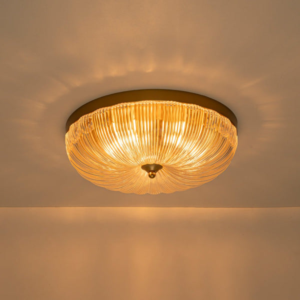 Chandelierias - 3 - Light Scalloped Round Drum Ribbed Glass Flush Mount - Flush Mount - Brass -