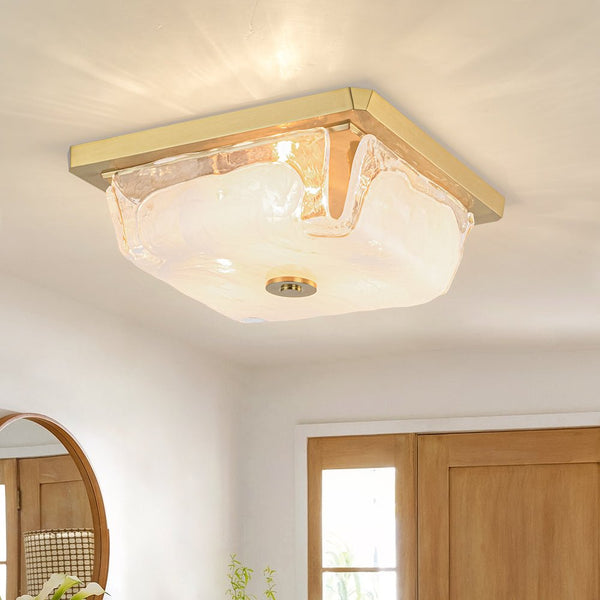 Chandelierias - 3 - Light Sweet Square Handmade Cloud Glass Flush Mount - Semi Flush - Brass -