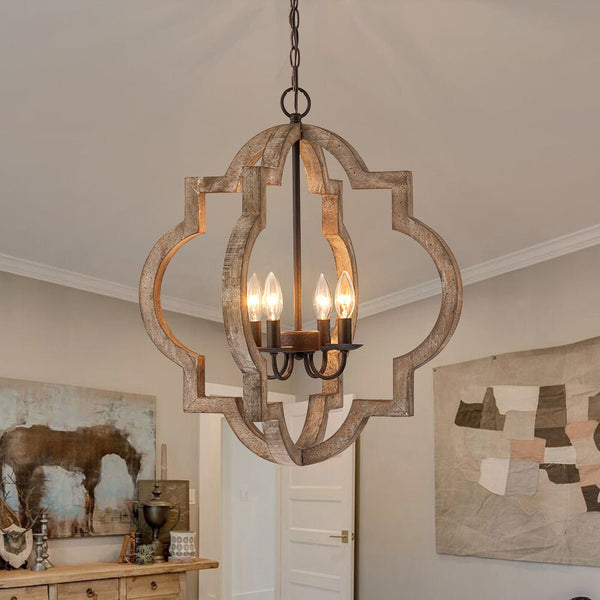 Chandelierias - 4 - Light Distressed Wood Dining Room Lantern Pendant Chandelier - Chandelier -