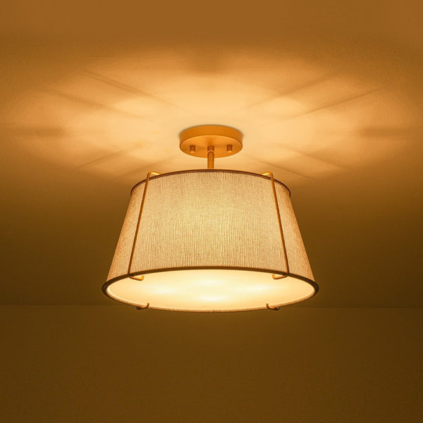 Chandelierias-4-Light Heathered Gray Fabric Conical Drum Semi-flush Mount-Semi Flush-Brass-Gray