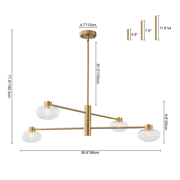 Chandelierias-4-Light Saucer Clear Glass Tiered Linear Chandelier-Chandeliers-Brass-
