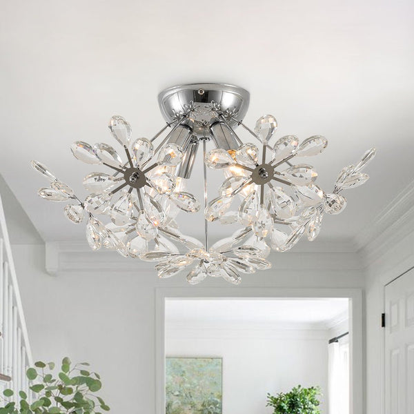Chandelierias - 4 - Light Spark Ball Crystal Flower Sphere Semi - Flush Mount - Semi Flush - Chrome -