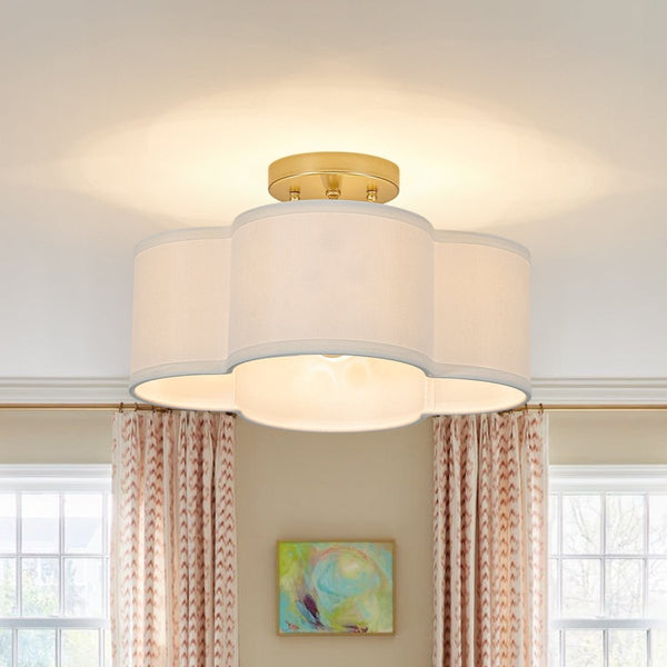 Chandelierias-4-Lobed White Linen Flower Scallop Drum Semi-flush Mount-Semi Flush-1-Pack-