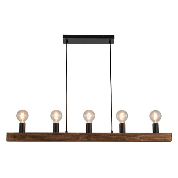 Chandelierias - 5 - Light Farmhouse Natural Wooden Linear Chandelier - Chandeliers - Matte Black & Wood Grain -