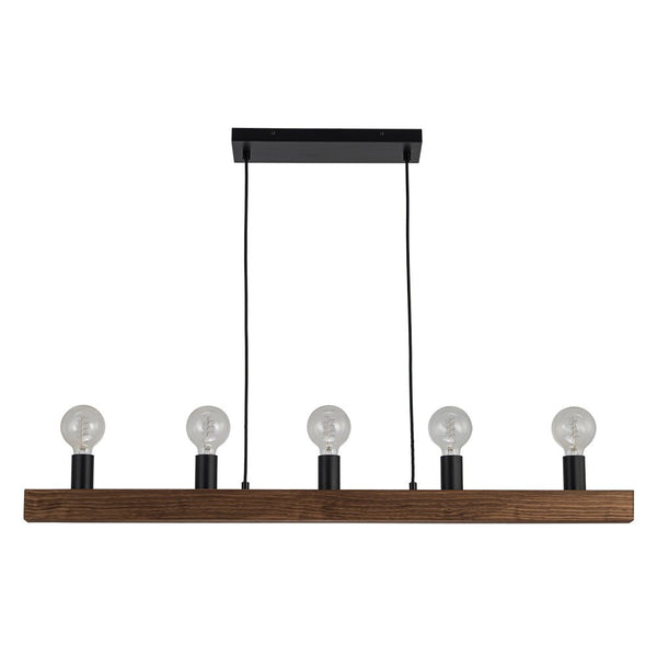 Chandelierias - 5 - Light Farmhouse Natural Wooden Linear Chandelier - Chandeliers - Matte Black & Wood Grain -
