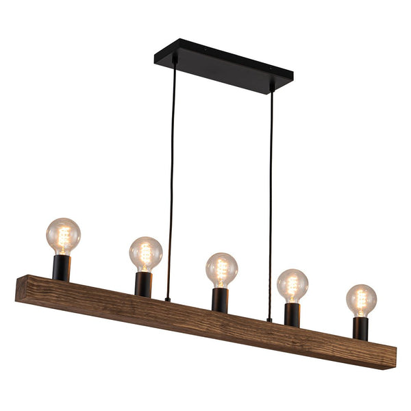 Chandelierias - 5 - Light Farmhouse Natural Wooden Linear Chandelier - Chandeliers - Matte Black & Wood Grain -