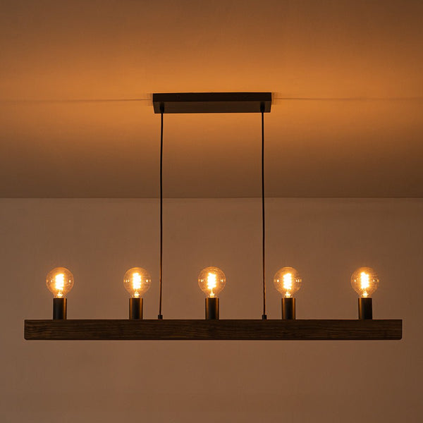 Chandelierias - 5 - Light Farmhouse Natural Wooden Linear Chandelier - Chandeliers - Matte Black & Wood Grain -