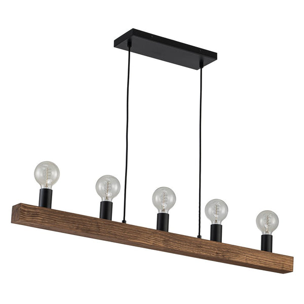 Chandelierias - 5 - Light Farmhouse Natural Wooden Linear Chandelier - Chandeliers - Matte Black & Wood Grain -