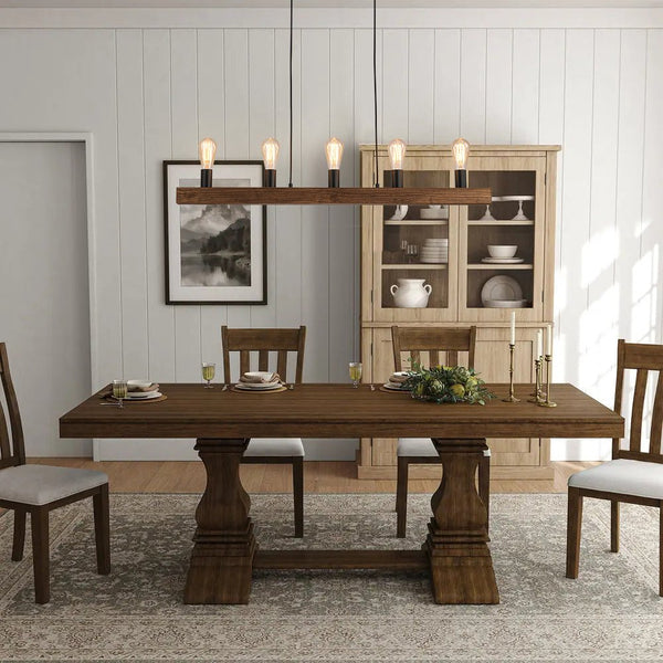 Chandelierias - 5 - Light Farmhouse Natural Wooden Linear Chandelier - Chandeliers - Matte Black & Wood Grain -