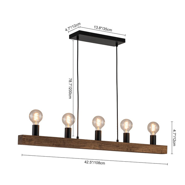 Chandelierias - 5 - Light Farmhouse Natural Wooden Linear Chandelier - Chandeliers - Matte Black & Wood Grain -