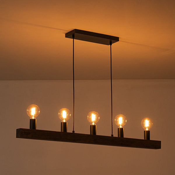 Chandelierias - 5 - Light Farmhouse Natural Wooden Linear Chandelier - Chandeliers - Matte Black & Wood Grain -