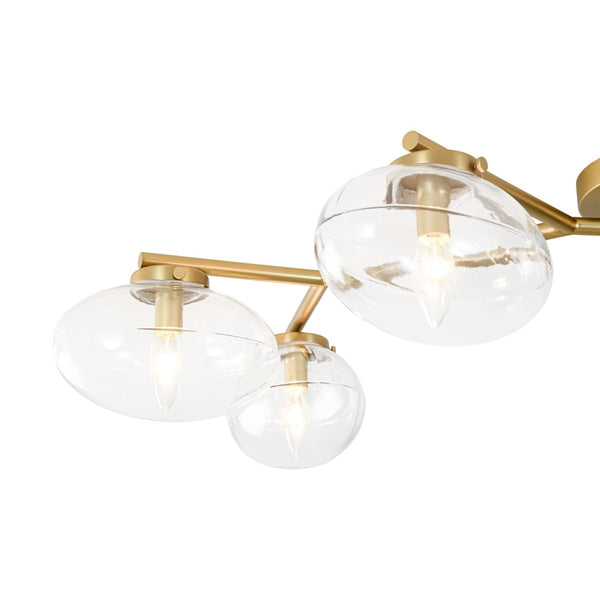 Chandelierias-6-Light Brass Clear Ovoid Glass Branch Semi-flush Mount-Semi Flush-Brass-