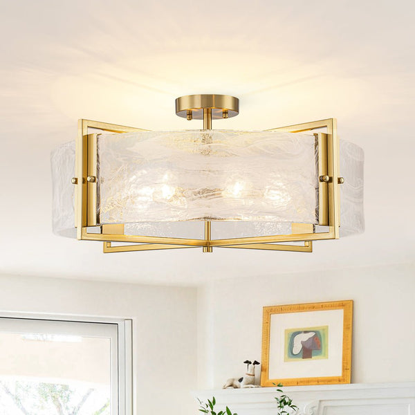 Chandelierias - 6 - Light Cloud Glass Drum Semi - Flush Mount Ceiling Light - Semi Flush - 6 Bulbs - Gold
