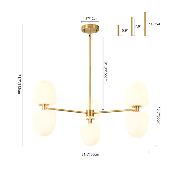 Chandelierias-6-Light Linear Sputnik Capsule Frosted Glass Semi-flush Chandelier-Chandeliers-Brass-