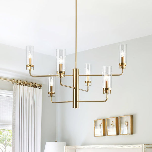 Chandelierias - 6 - Light Mid - century Cylinder Ribbed Glass Tiered Chandelier - Chandeliers - Clear -