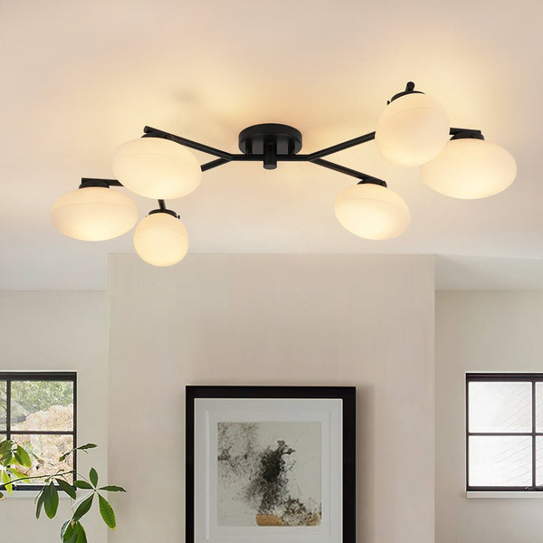 Chandelierias - 6 - Light Modern Etched Oval Glass Branch Semi - Flush Mount - Semi Flush - Black -