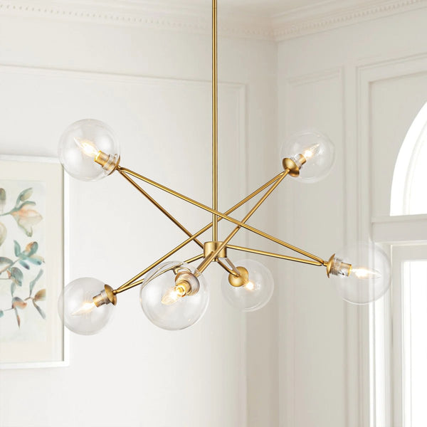 Chandelierias - 6 - Light Novel Hexagram Clear Glass Globe Chandelier - Chandeliers - Brass -