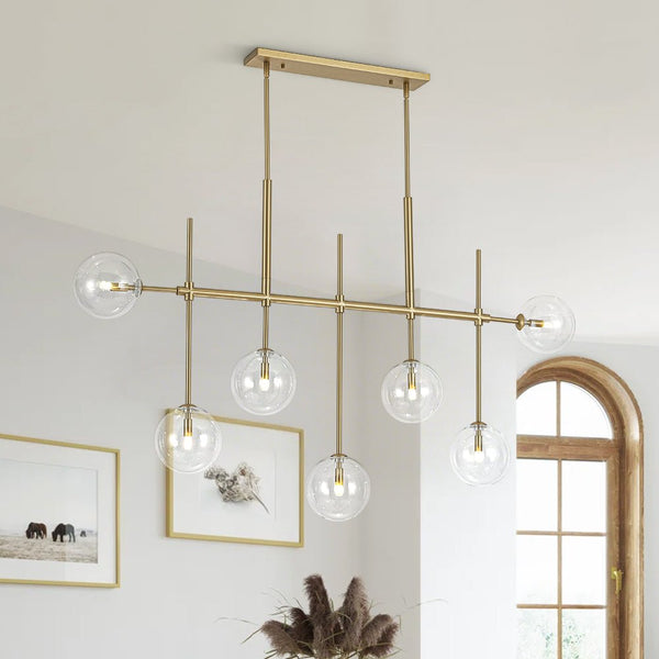 Chandelierias - 7 - Light Clear Glass Globe Modern Linear Chandelier - Chandeliers - Brass -