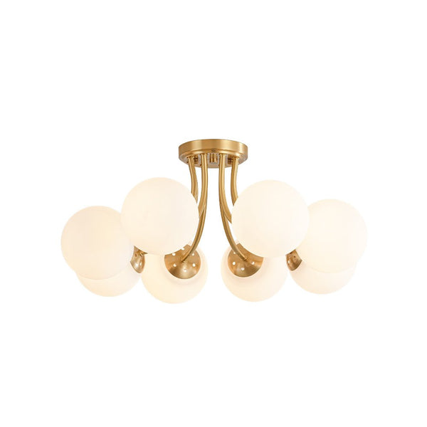 Chandelierias - 8 - Light Dreamy Bouquet Frosted Glass Globe Semi - Flush Mount - Semi Flush - Brass -