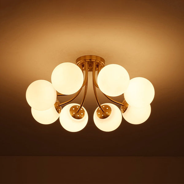 Chandelierias - 8 - Light Dreamy Bouquet Frosted Glass Globe Semi - Flush Mount - Semi Flush - Brass -